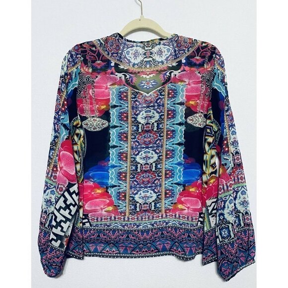 ASA Kaftans Womens Medium Multi Print Sheer Tassel Tie Blouse Boho Festival - Picture 3 of 7